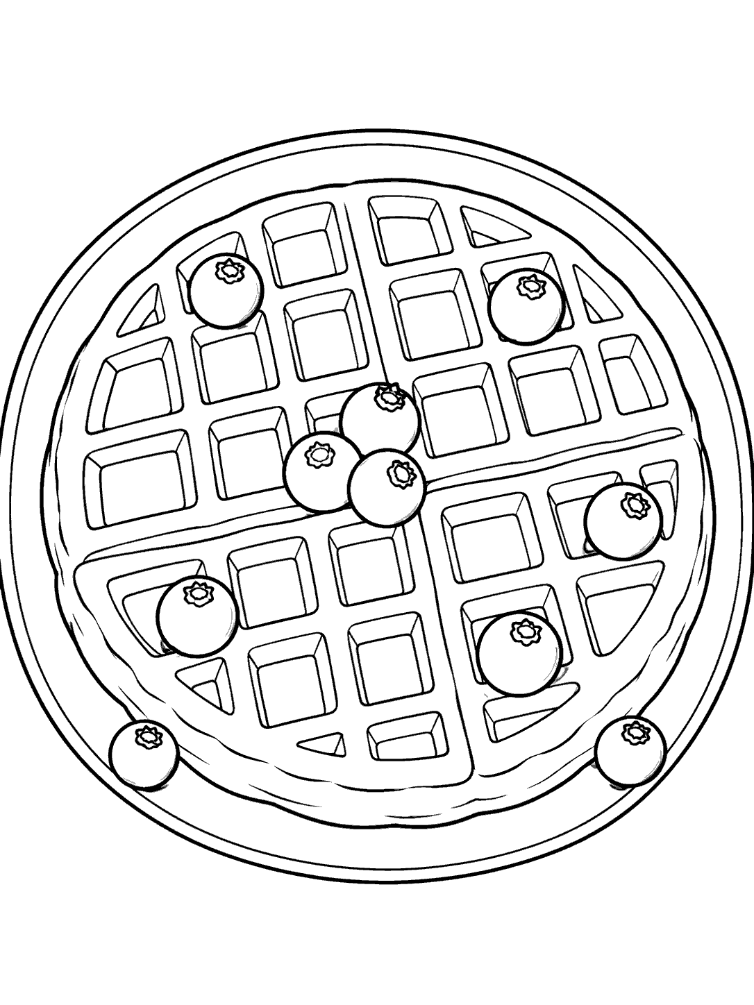 A round grid-pattern waffle on a plate, topped with blueberries.