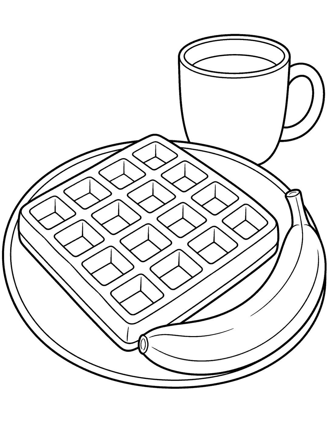 Black-outline coloring page of a square waffle on a plate with a cup and banana.