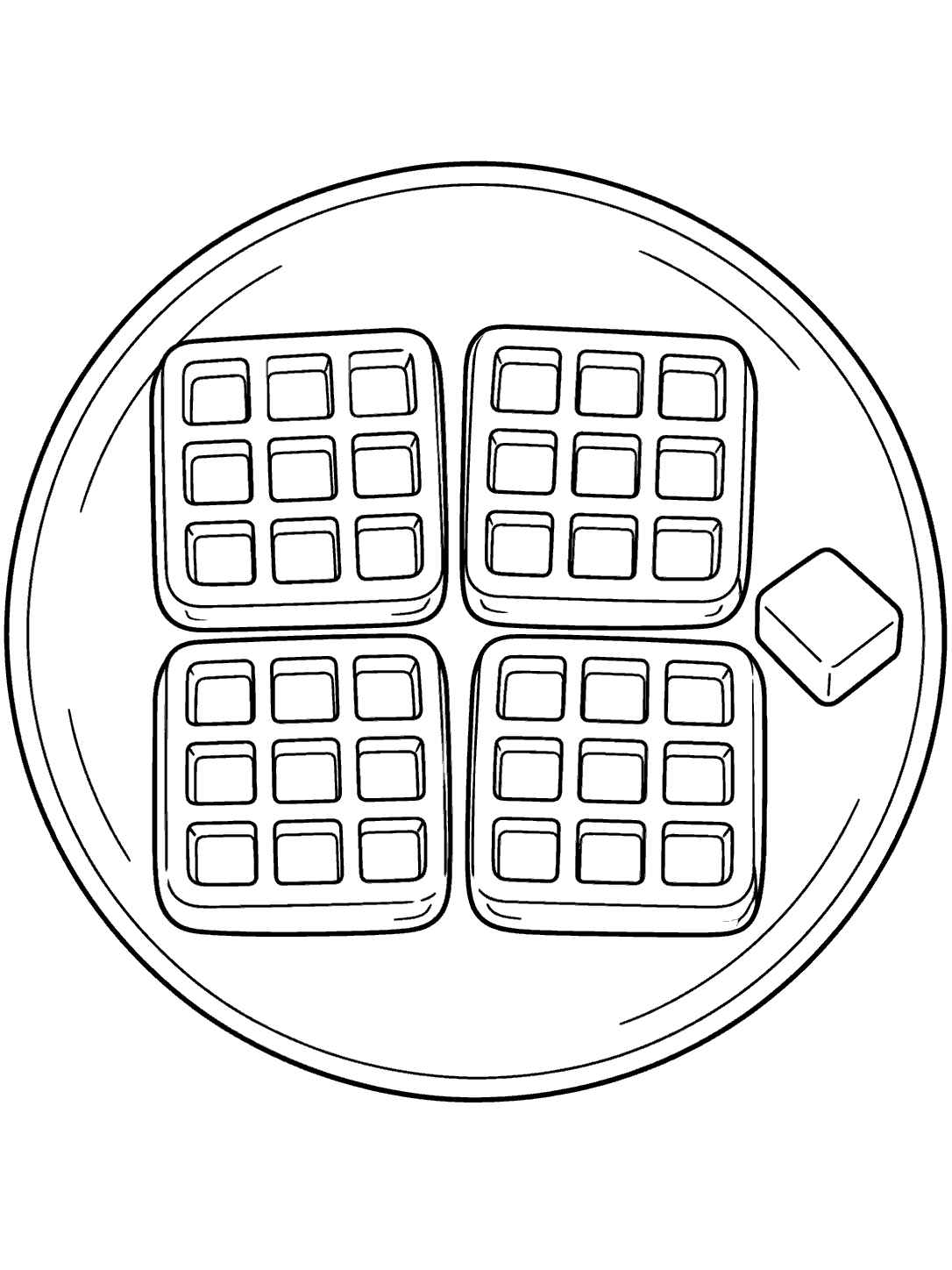 Four square grid-pattern mini waffles arranged two by two with a butter pat on a large plate.