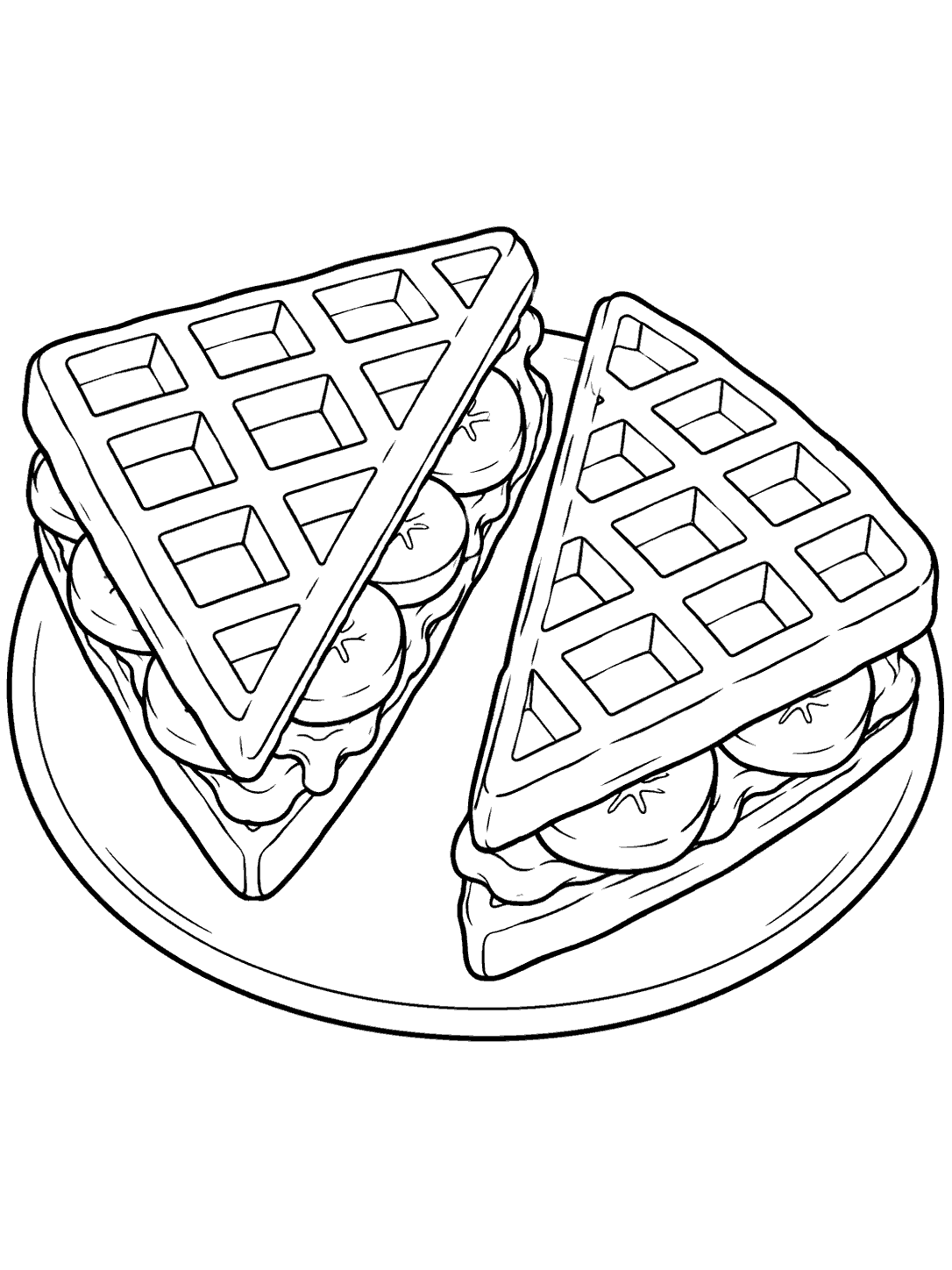 Two diagonally cut waffle sandwich halves with banana filling on a plate