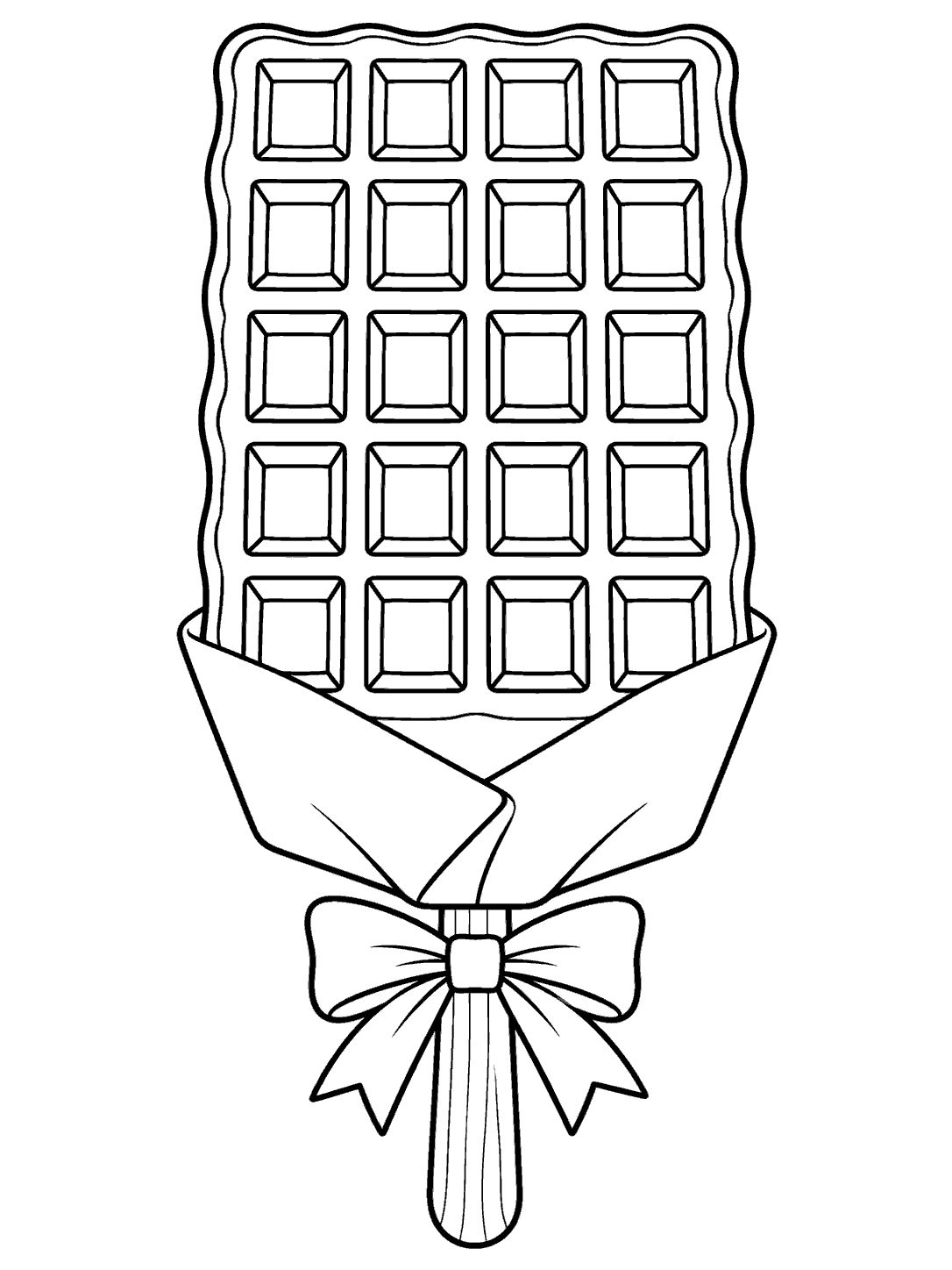 Rectangular grid-pattern waffle in a paper sleeve on a stick, tied with a bow