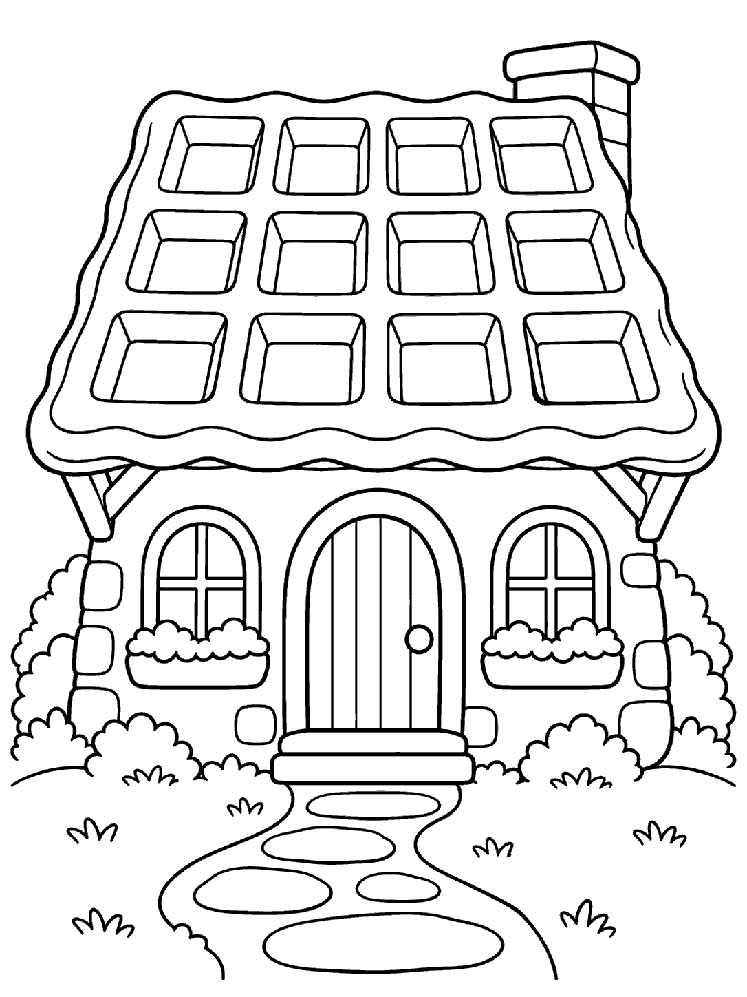 Black-outline coloring page of a whimsical cottage with a square waffle-grid roof, two flower-box windows, a rounded door, and a stepping-stone path.