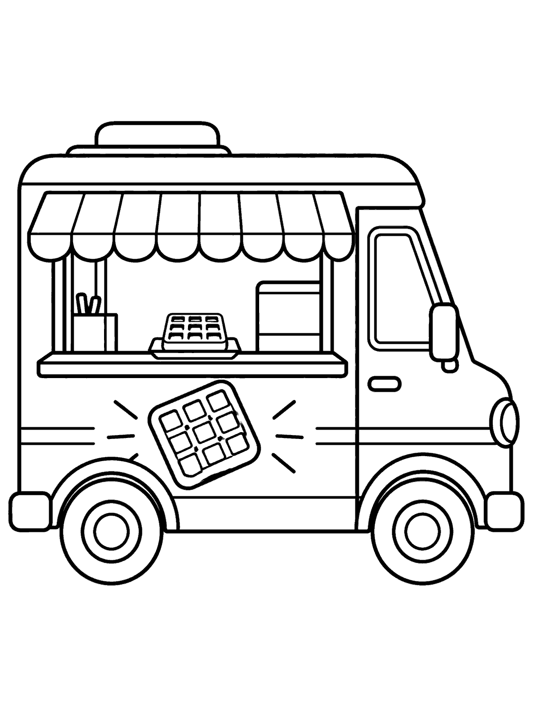Side-view food truck with a serving window, a small waffle on the counter, and a waffle emblem on its side.
