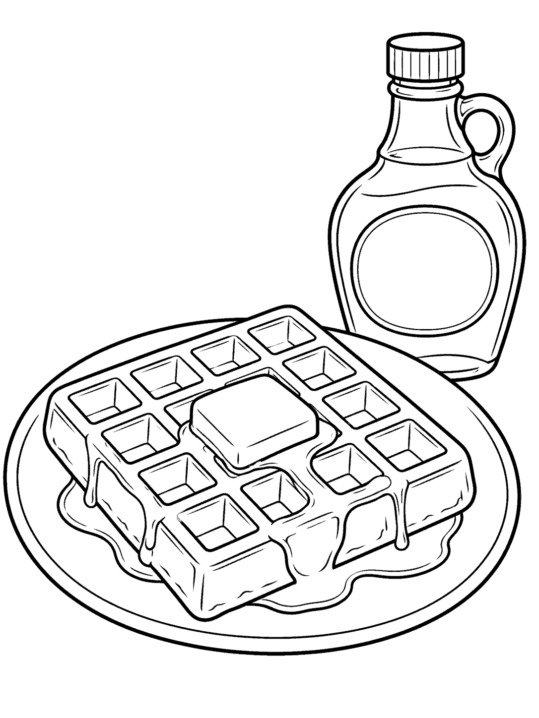 A square grid waffle with a butter pat and a blank-label maple syrup bottle