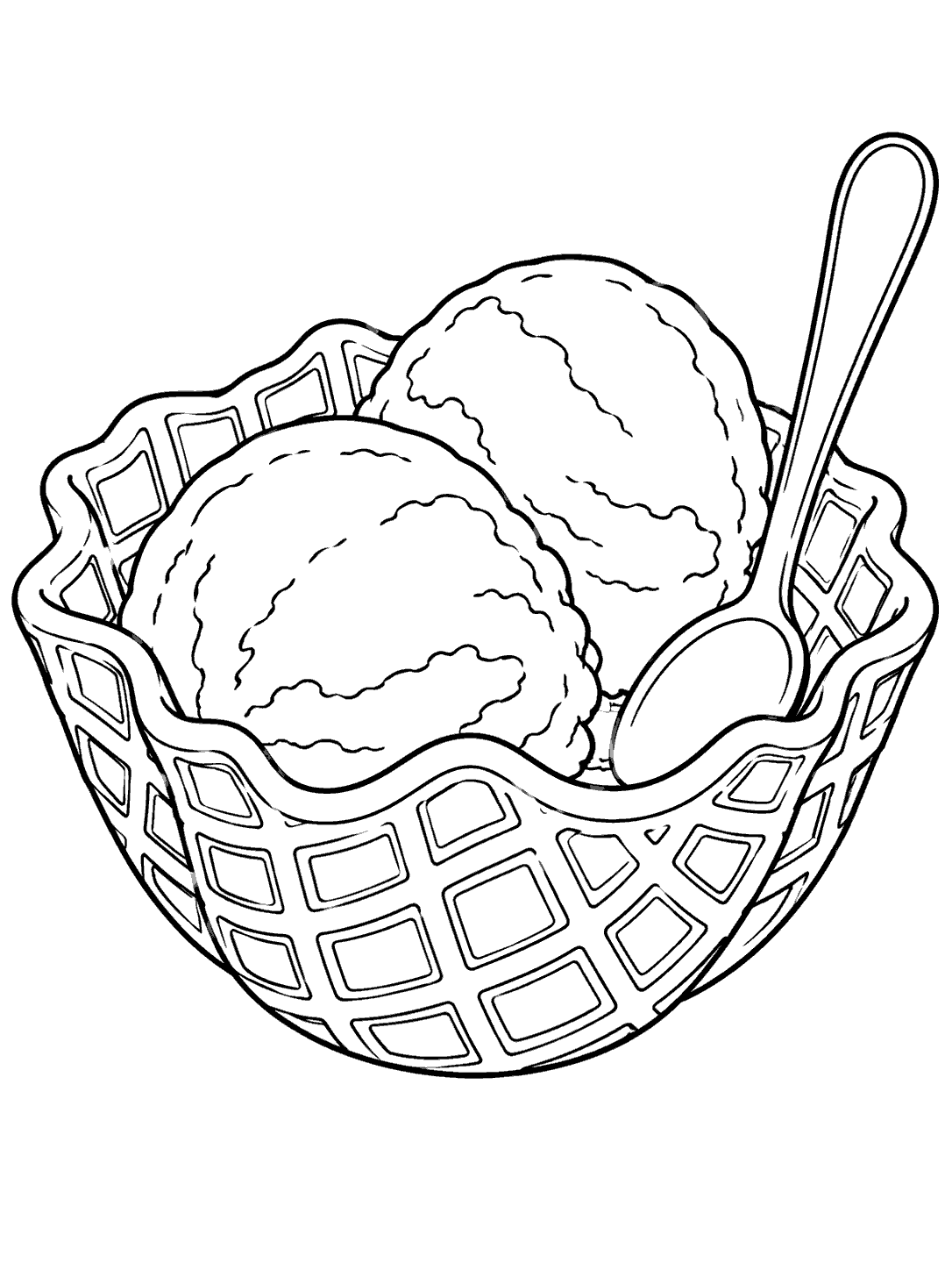 Black-outline coloring page of two scoops of ice cream in a curved waffle bowl, with a spoon.