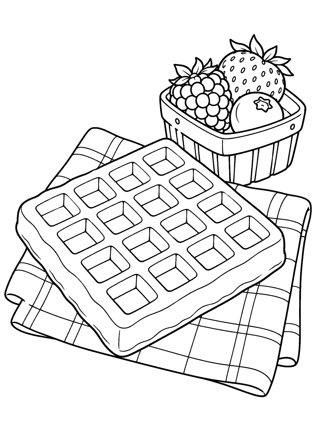 A large grid waffle on a checked picnic napkin beside an open basket with three berries.