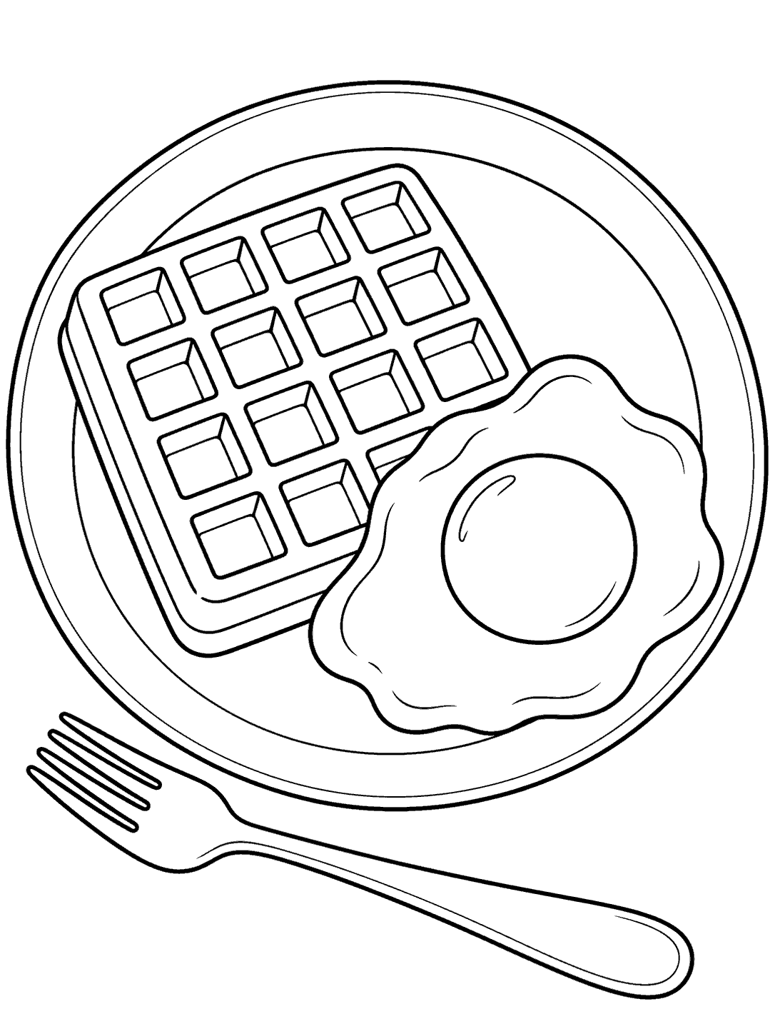 Black-outline coloring page of a grid-pocket waffle and sunny-side-up egg on a large plate, with a fork beside it