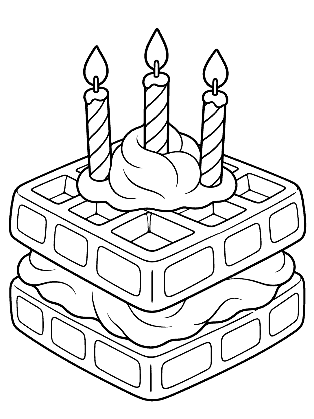 Two stacked square waffles with a cream layer and three unlit candles, drawn as a black-outline coloring page.