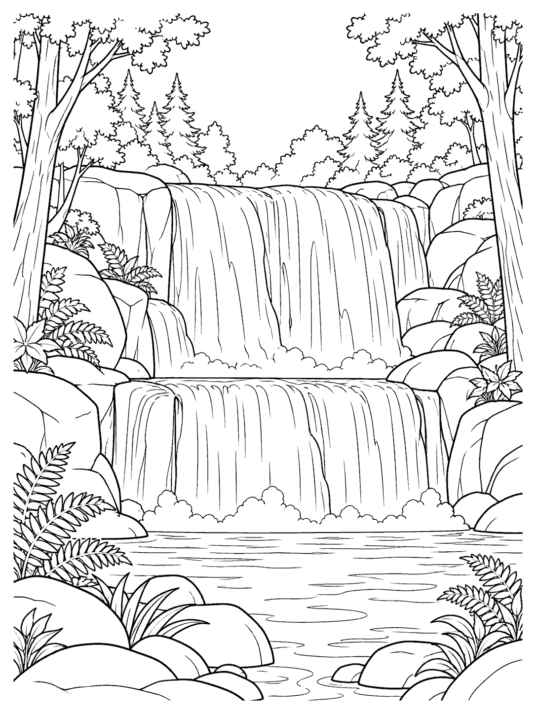 Two-tier forest waterfall flowing over rounded rocks into a pool, framed by trees and ferns.
