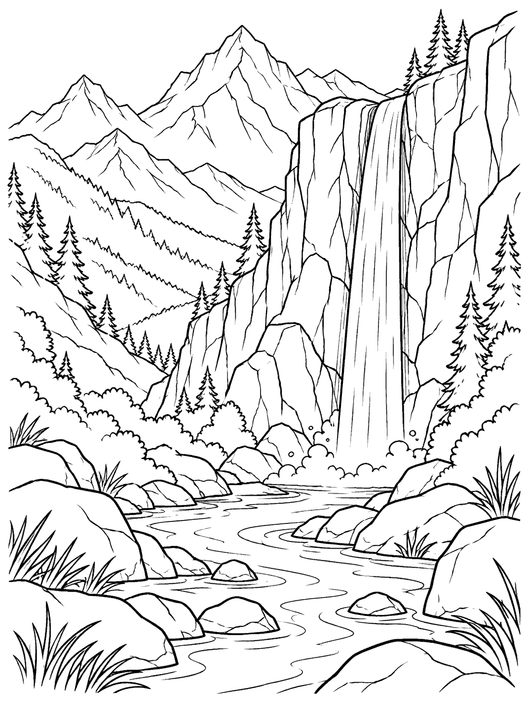 A slender waterfall drops from a high rocky cliff into a winding stream, framed by distant mountain peaks, trees, rocks, and grasses.