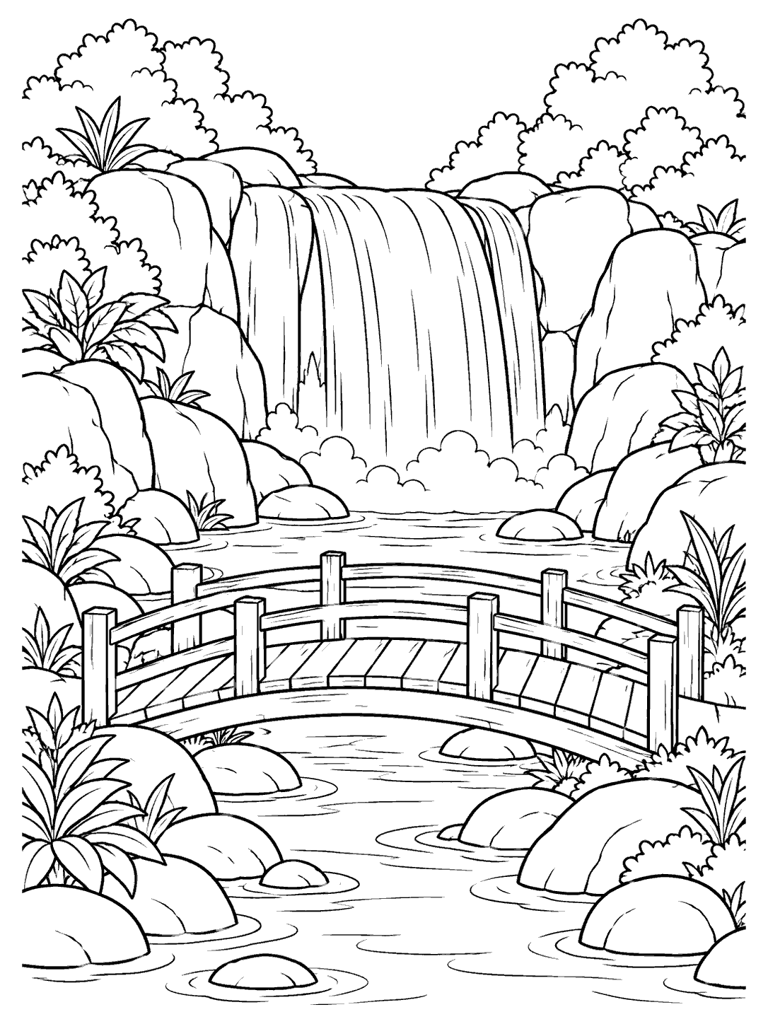 Arched wooden footbridge crossing a rocky stream below a waterfall, surrounded by leafy plants.