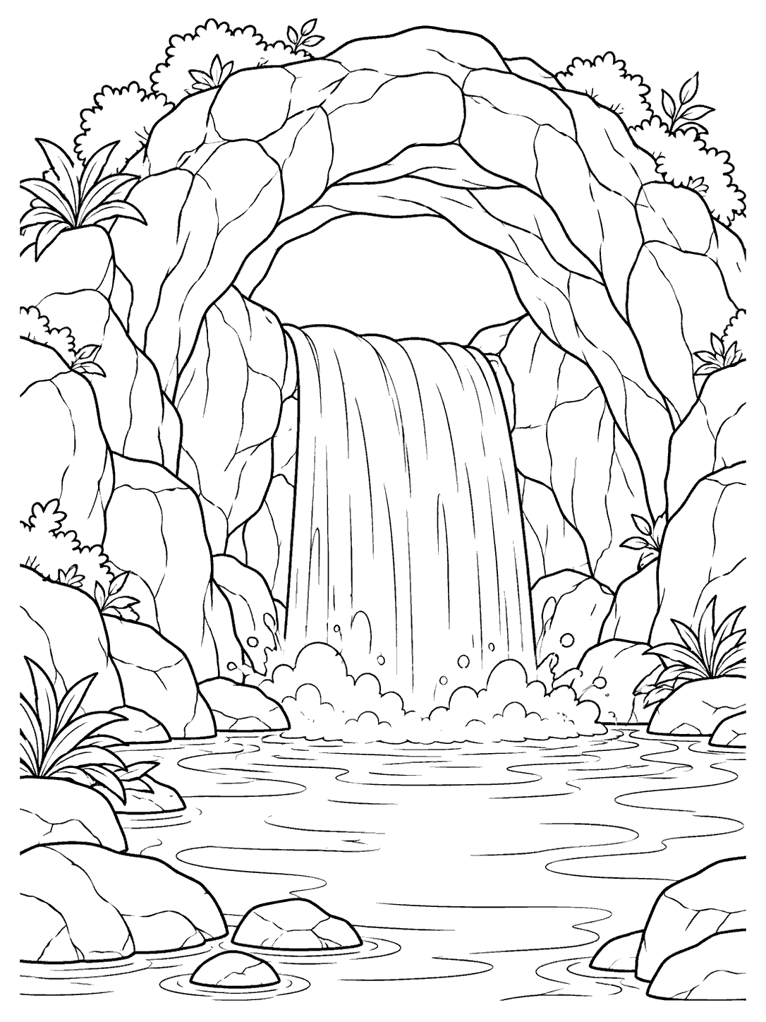 A waterfall descends through a bright, arched cave opening into a pool ringed by rocks and plants.