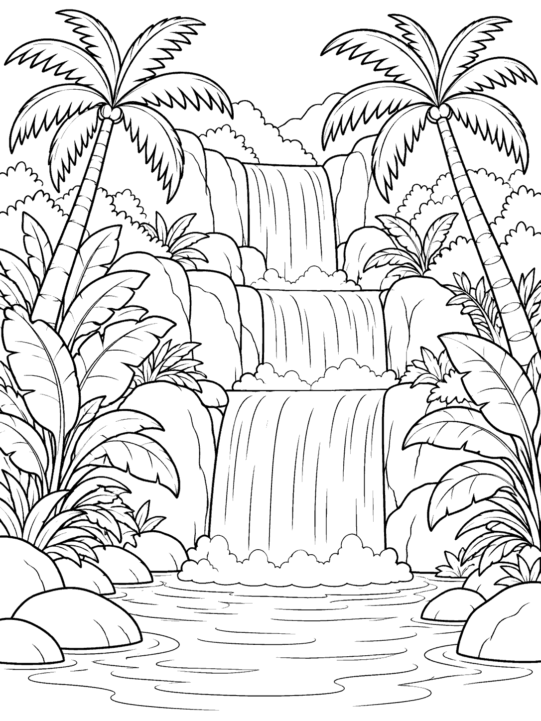 Black-and-white tropical waterfall coloring page with three cascade levels, two palm trees, broad-leaf plants, and smooth stones.