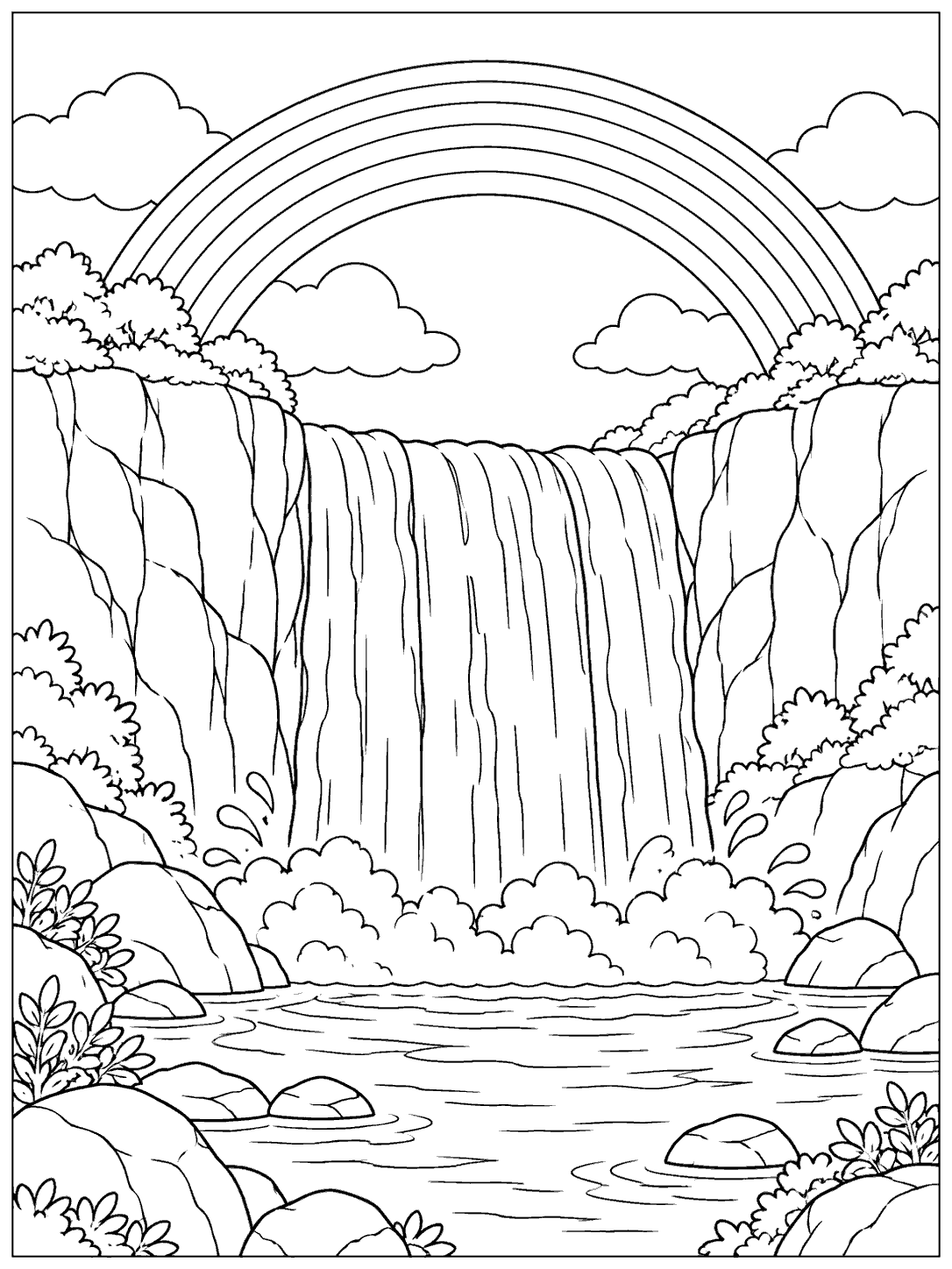 Outlined rainbow arching over a wide waterfall and rocky pool, framed by cliffs, clouds, and shrubs.