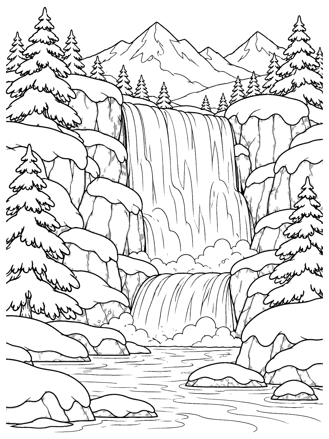 Black-and-white winter waterfall coloring page with two cascades, snowy rocks, evergreen trees, and distant mountains