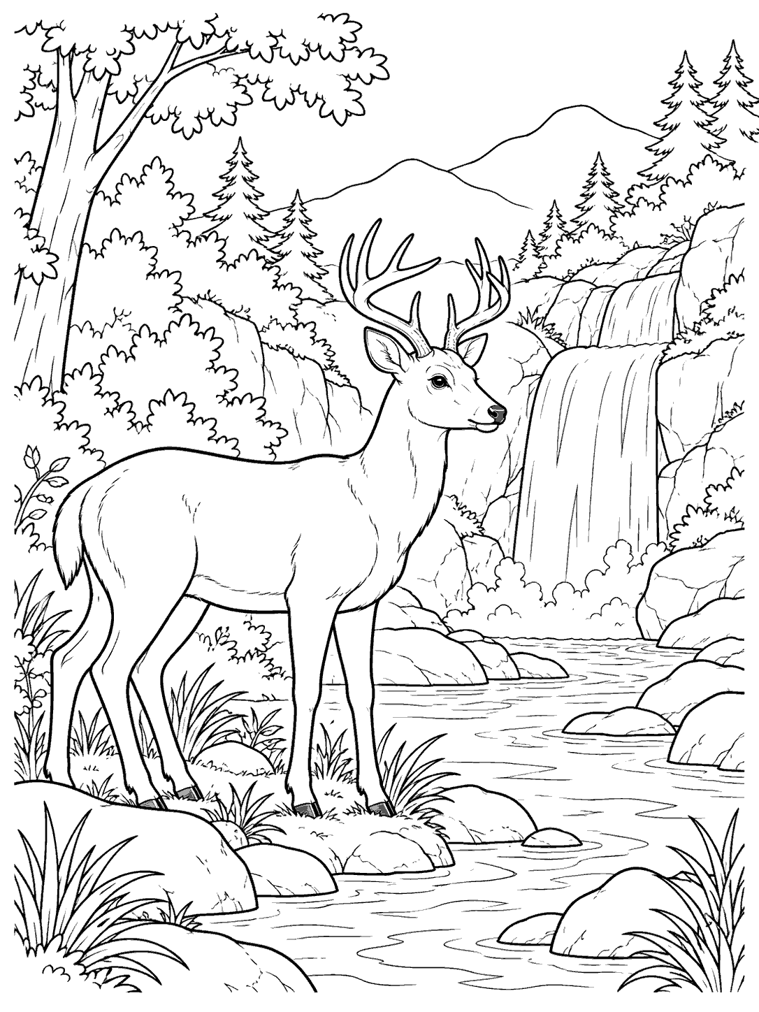 Fully visible antlered deer beside a stream, with a waterfall, rocks, grasses, trees, and distant mountains in black and white line art.