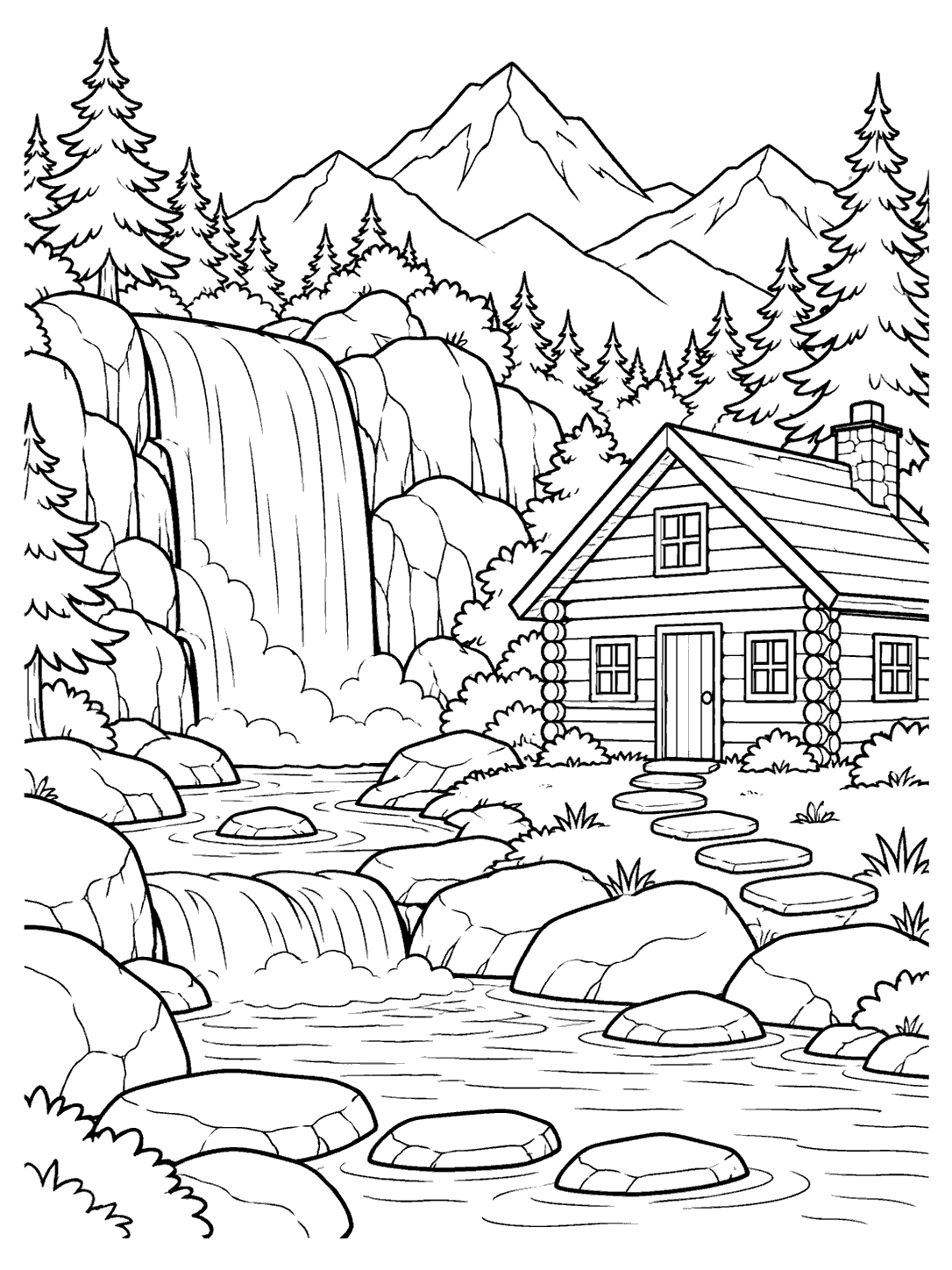 Log cabin beside a waterfall stream, with pine trees, mountain scenery, rocks, and stepping stones.