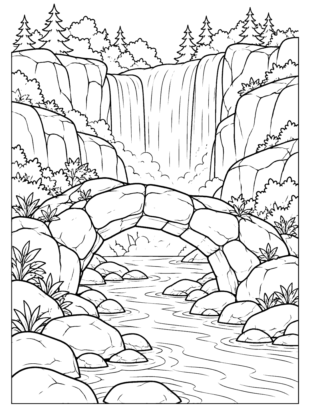 A waterfall flowing into a rocky stream beneath a broad natural stone arch, surrounded by plants and trees.
