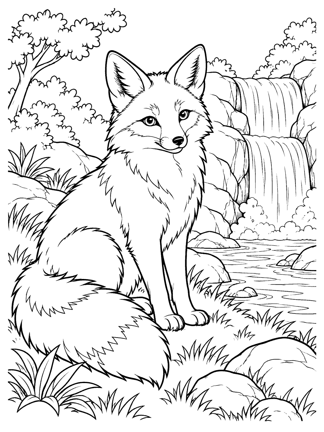 A calm fox seated on a grassy bank beside a stream, with a waterfall behind it.