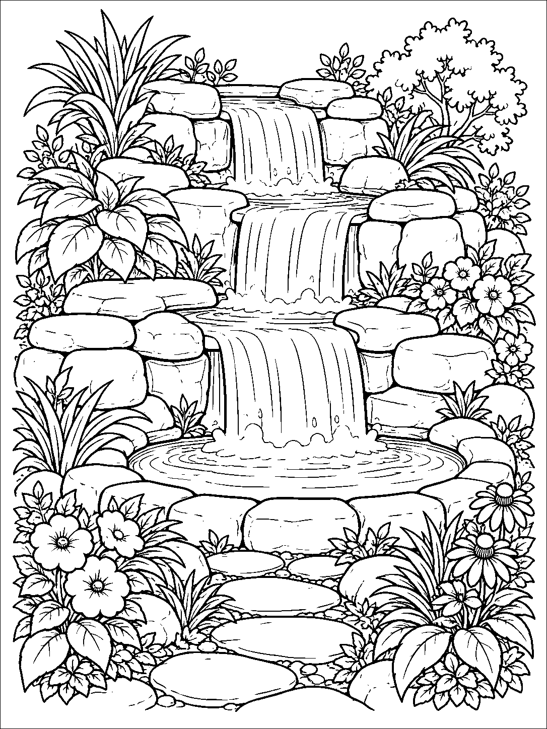 Portrait black-and-white coloring page showing a three-tier stone garden waterfall flowing into a basin, framed by flowers, leafy plants, and a stepping-stone path.