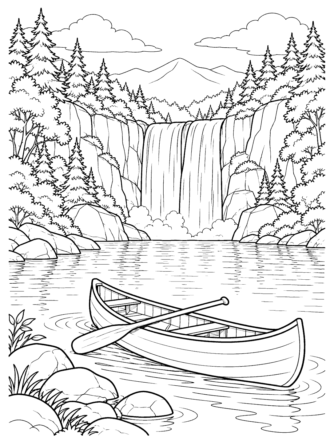 An empty canoe with a paddle across it floats on a rippled pool beneath a waterfall, framed by wooded banks and rocks.
