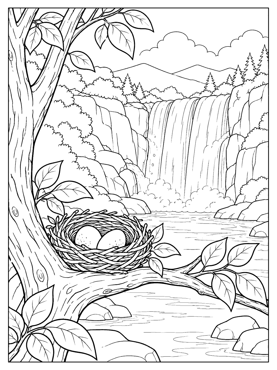 A tree branch holds a twig nest with two visible eggs in front of a waterfall, rocks, and surrounding leaves.
