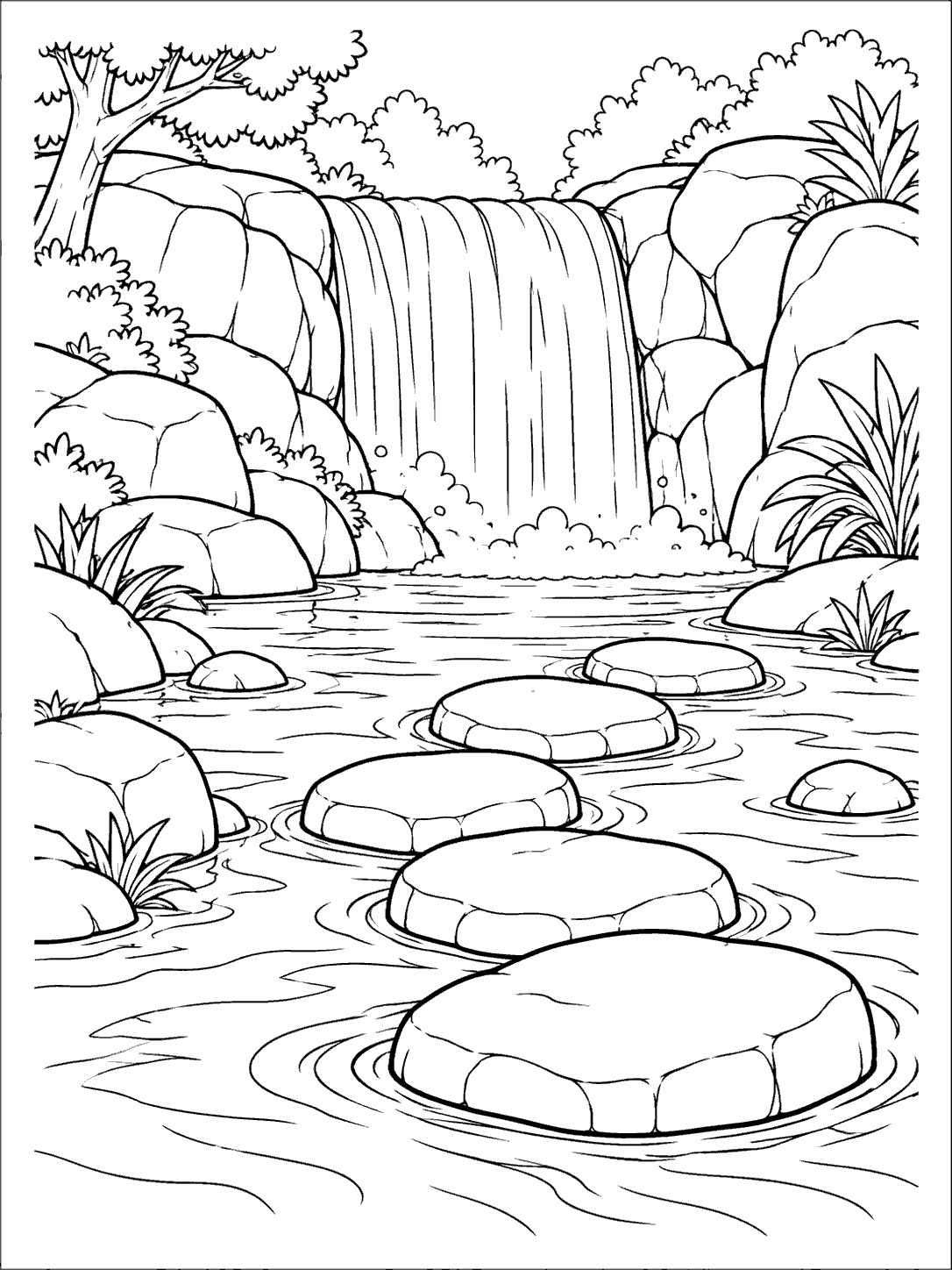 A waterfall feeds a stream crossed by large stepping stones, with rocks and plants along the banks.