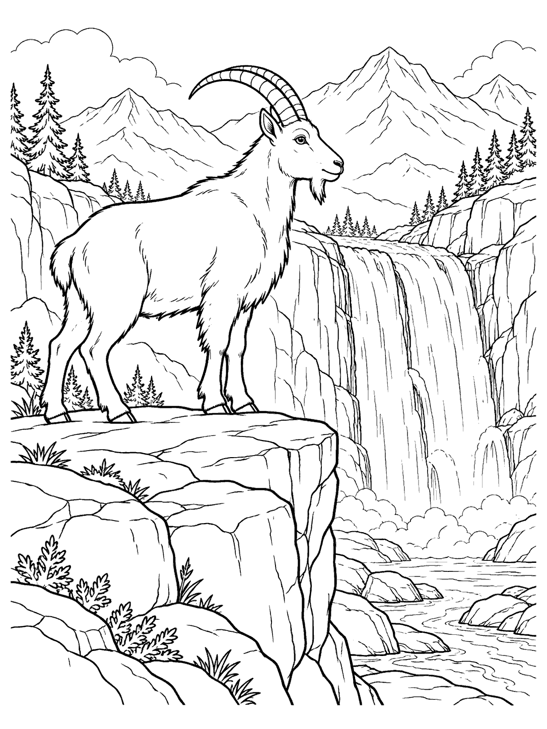 Profile view of a mountain goat standing on a rocky ledge beside a waterfall, with mountain peaks and pine trees behind it.