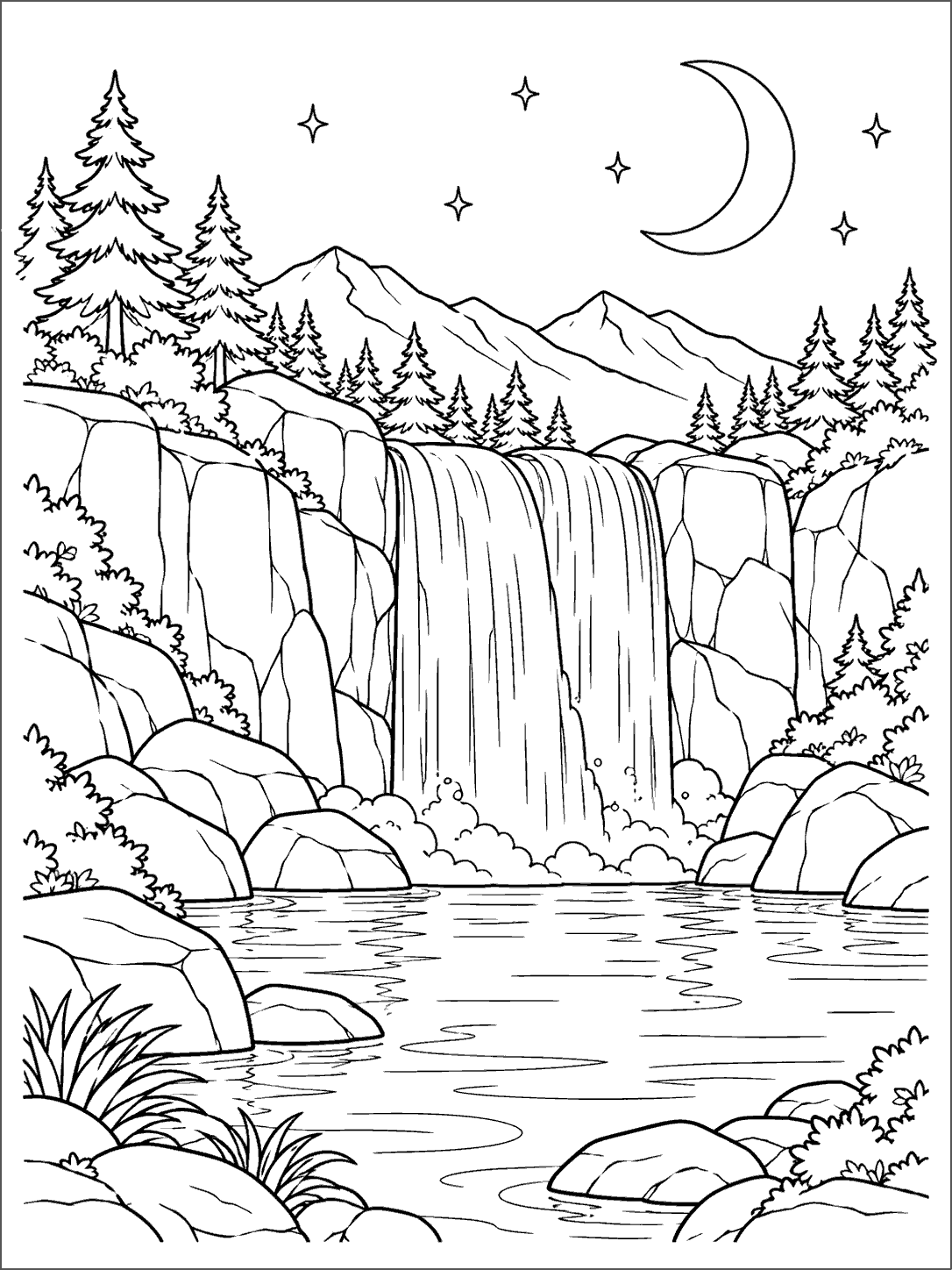Crescent moon above a nighttime waterfall flowing into a still pool, framed by cliffs, mountains, and pine trees.