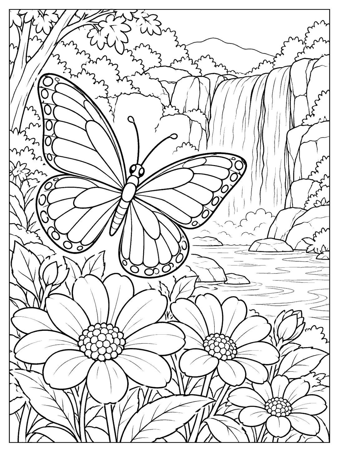 Large butterfly with patterned wings above foreground flowers, with a waterfall and trees behind it.