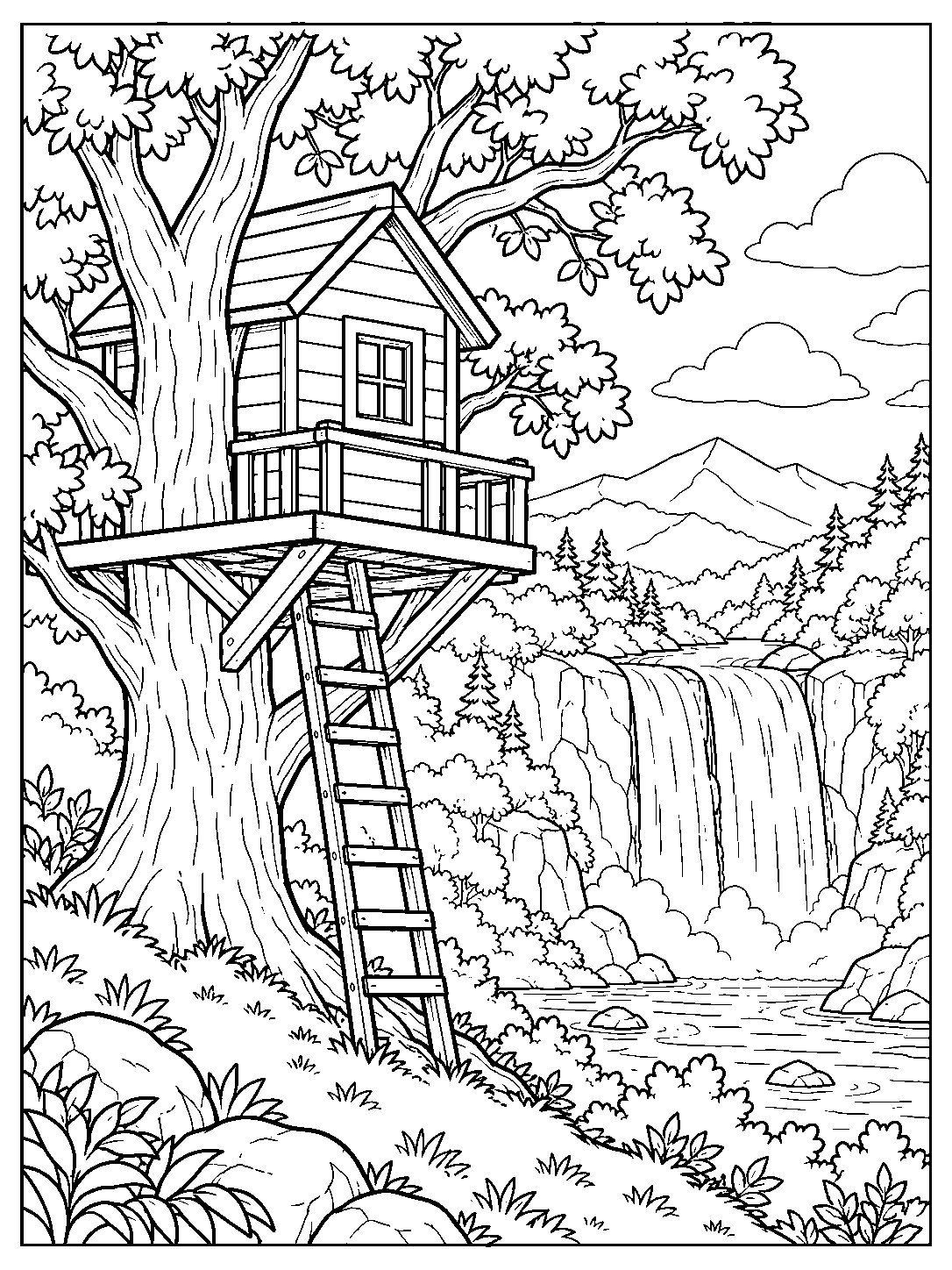 A simple treehouse with a roof, window, platform, and ladder overlooks a broad waterfall, forest, and distant mountains.
