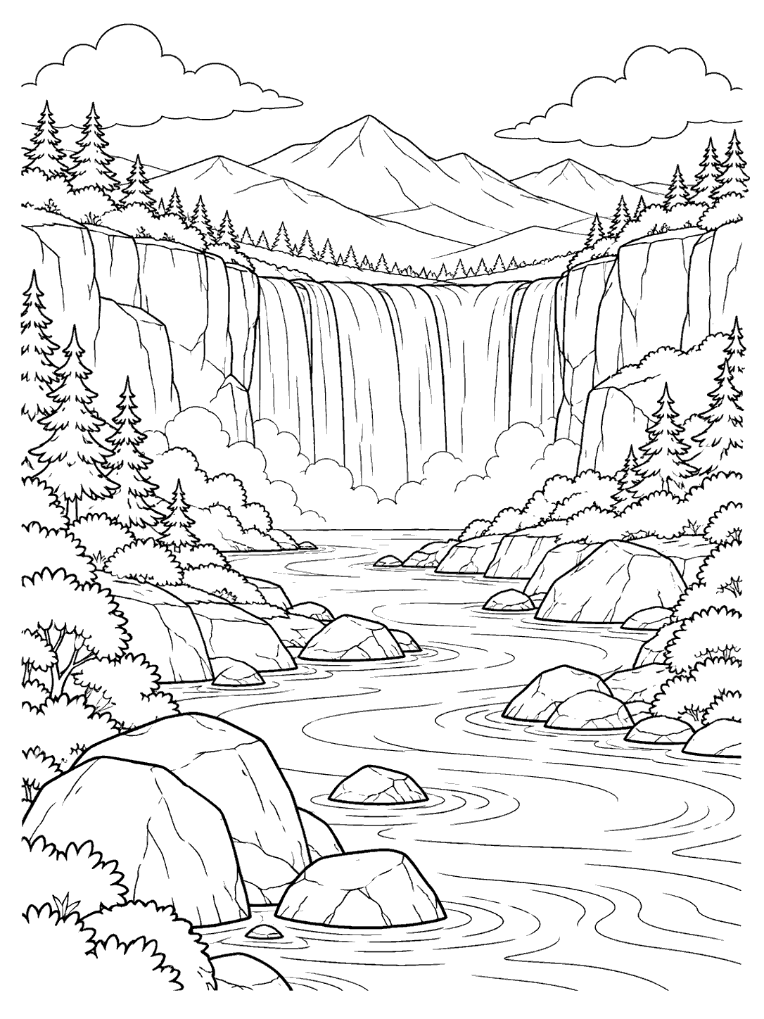 A broad waterfall drops into a winding river bordered by rocks, trees, and a distant mountain range.