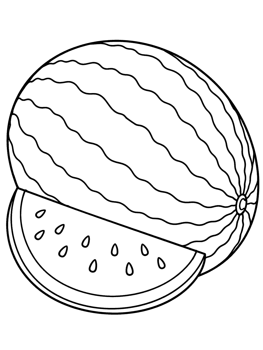 Whole watermelon with broad curved rind stripes and a seeded wedge, outlined as a coloring page.