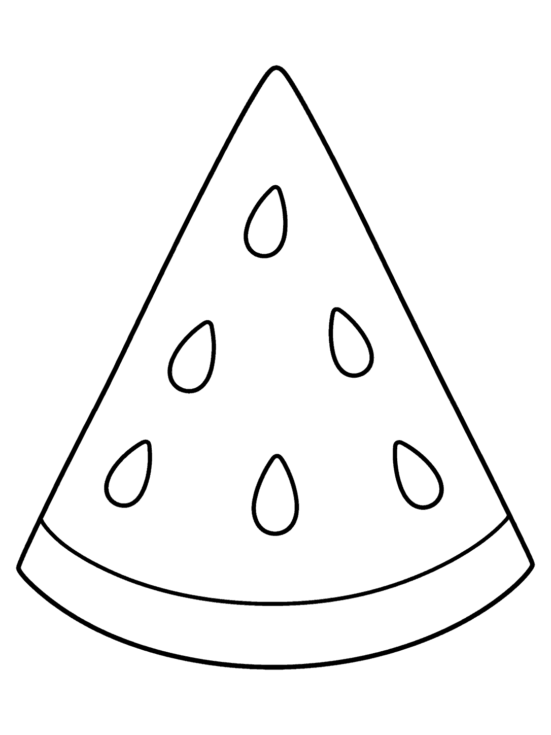 Watermelon slice coloring page with five large seeds and a curved double rind.