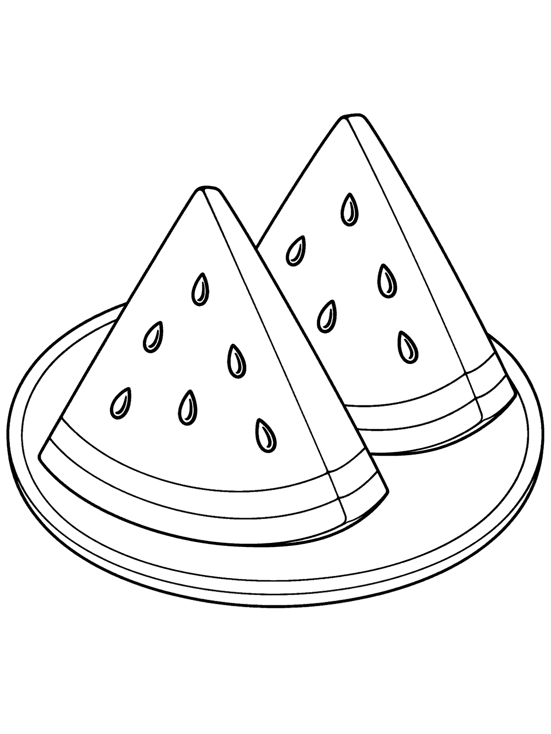 Two triangular watermelon wedges with seeds and layered rinds on a round plate coloring page