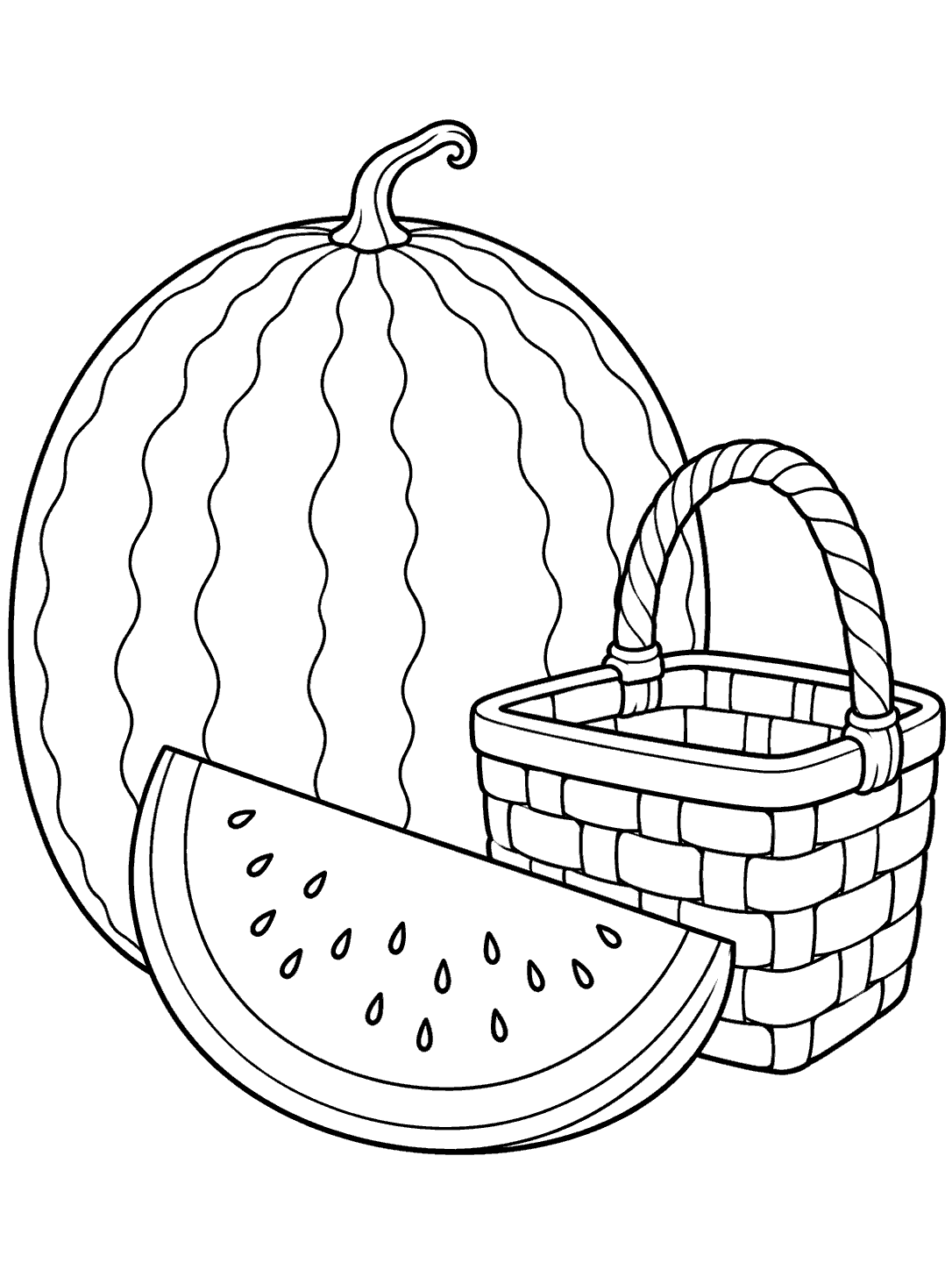 Black-and-white watermelon coloring page with a large whole melon, a wedge, and a woven picnic basket