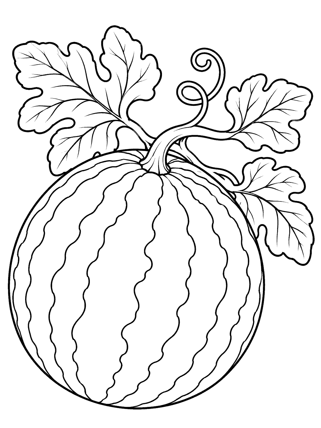 A striped watermelon attached to a curling garden vine with broad leaves, drawn as a coloring page.