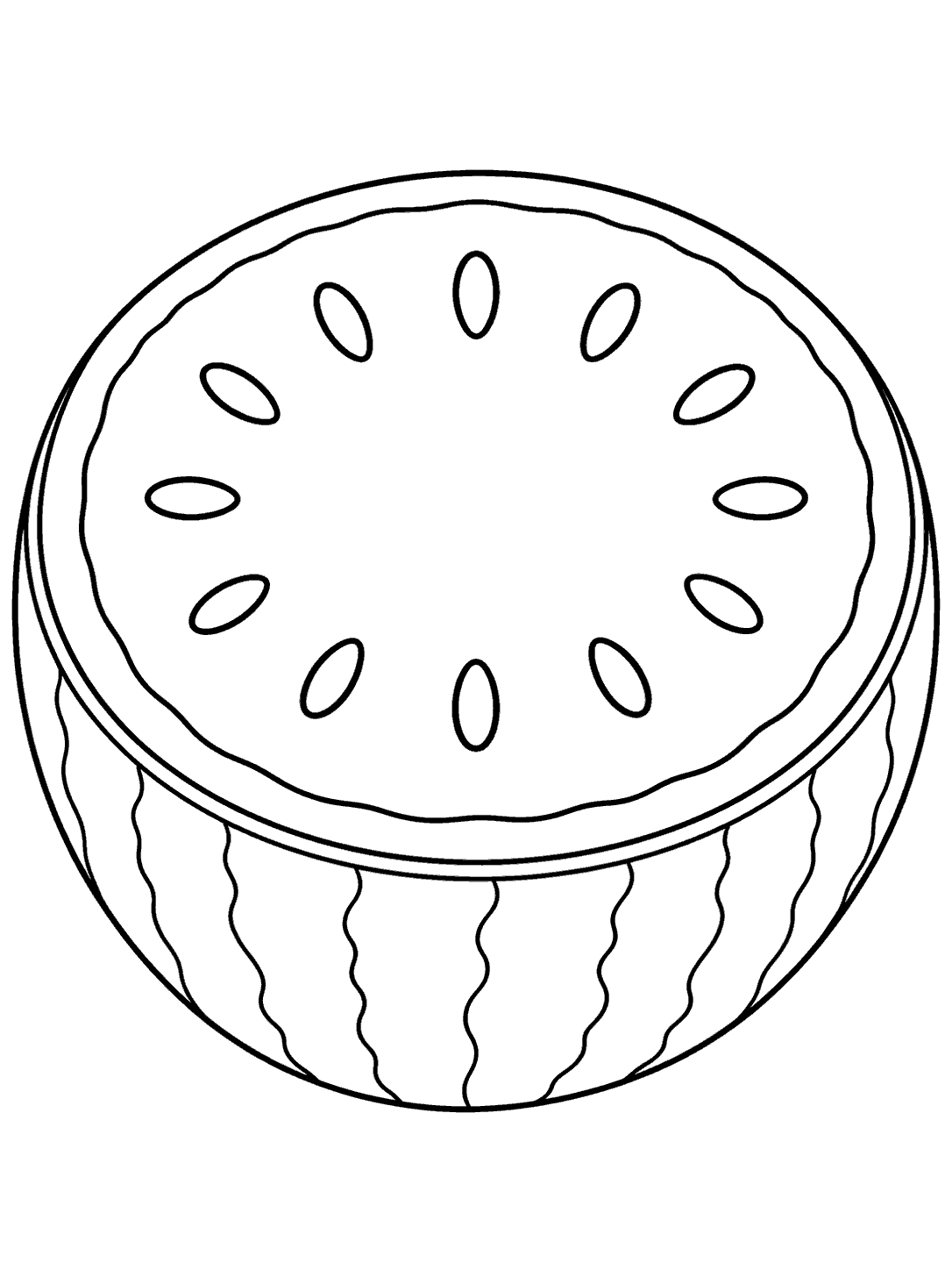 Upright watermelon half with a ring of oval seeds and a striped rind coloring page