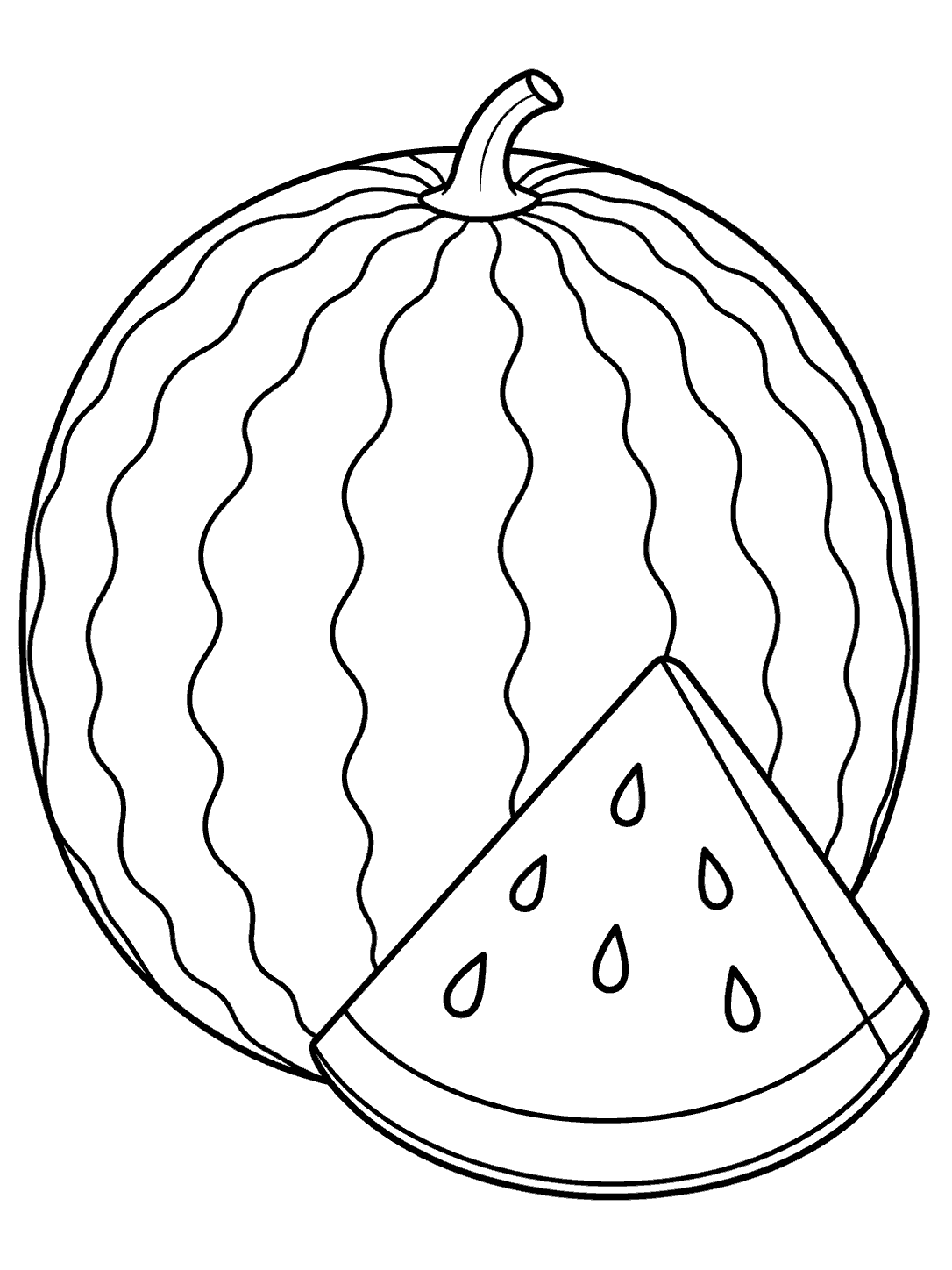 Watermelon coloring page with a large striped whole melon behind a smaller seeded wedge