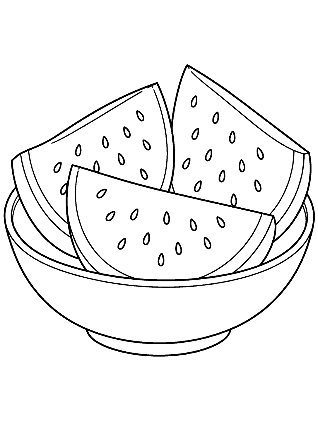 Black-and-white coloring page of three watermelon wedges in a shallow bowl