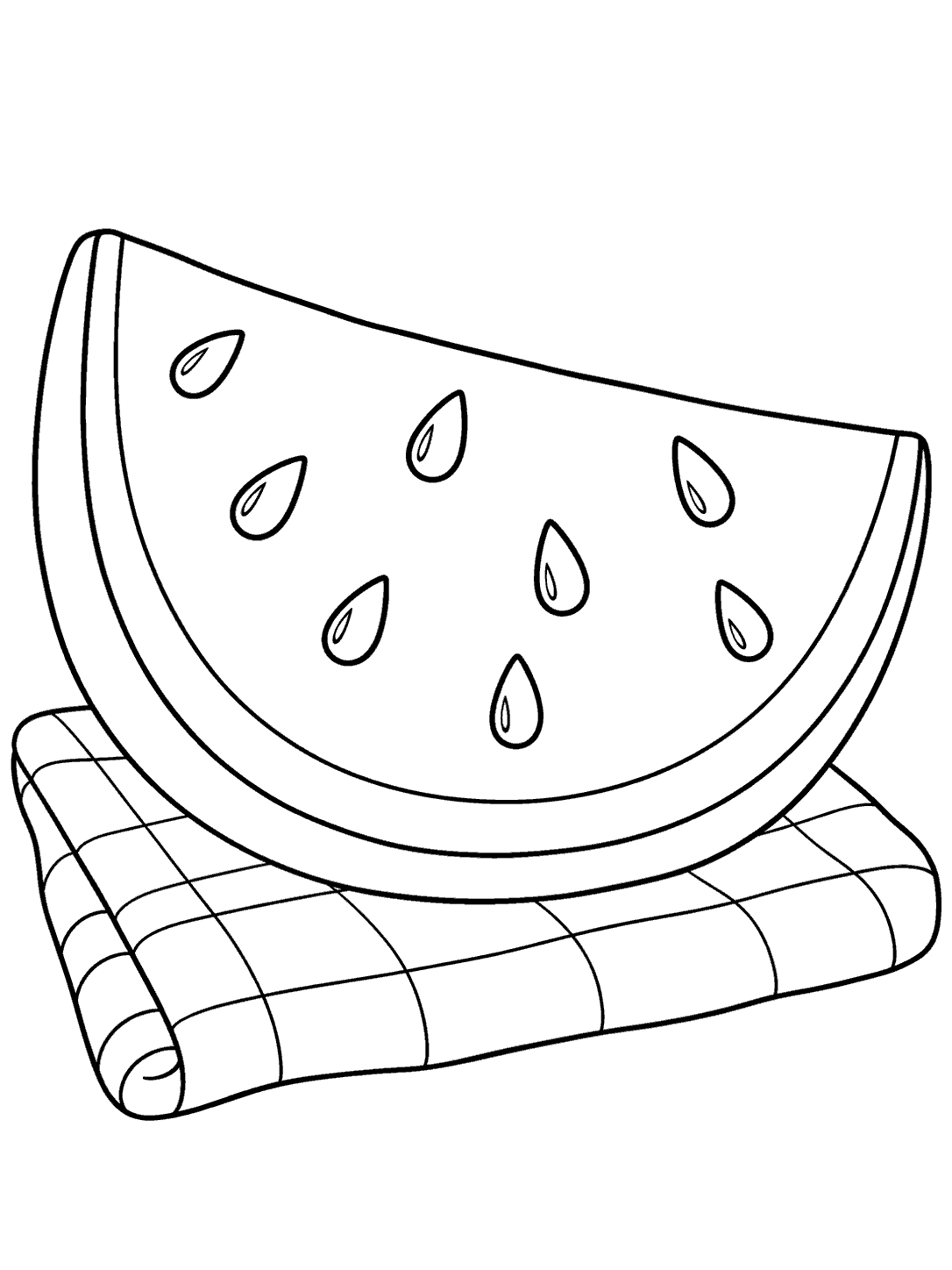 Black-outline coloring page of a large watermelon wedge on a folded picnic blanket