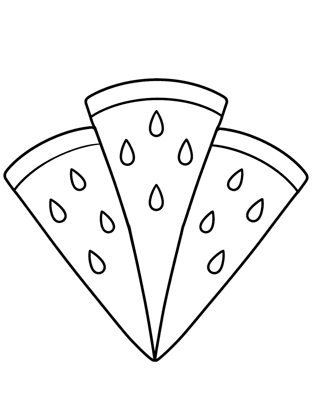 Black-and-white coloring page with three seeded watermelon slices fanned out, their pointed ends meeting at the bottom.