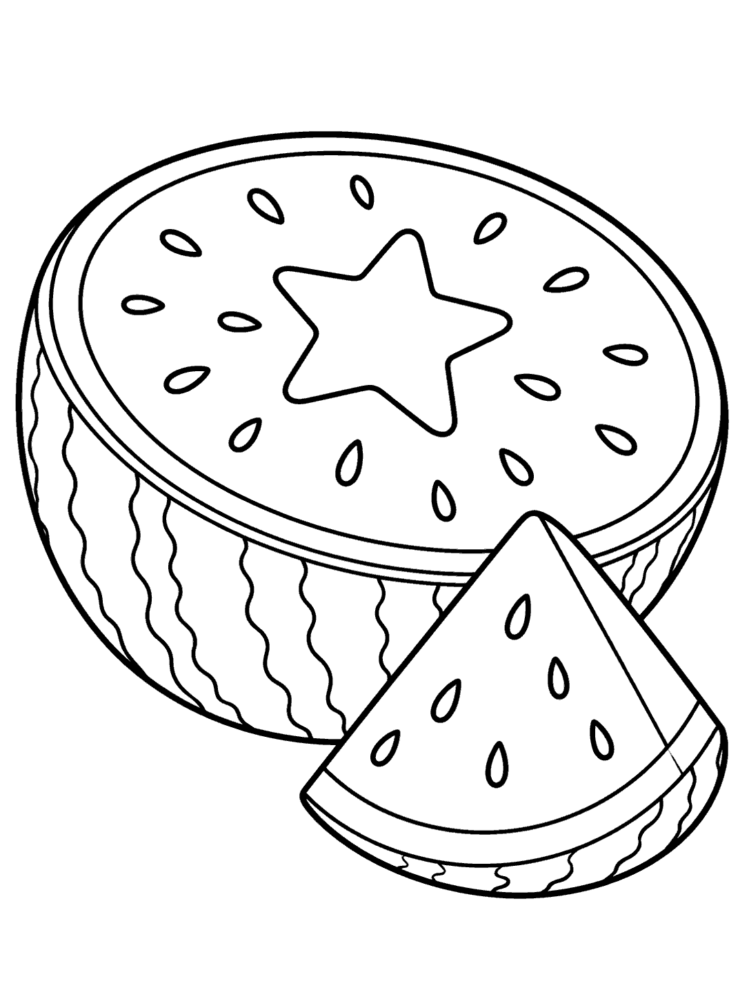 Black-and-white watermelon coloring page with a star cutout in the large half and one wedge.