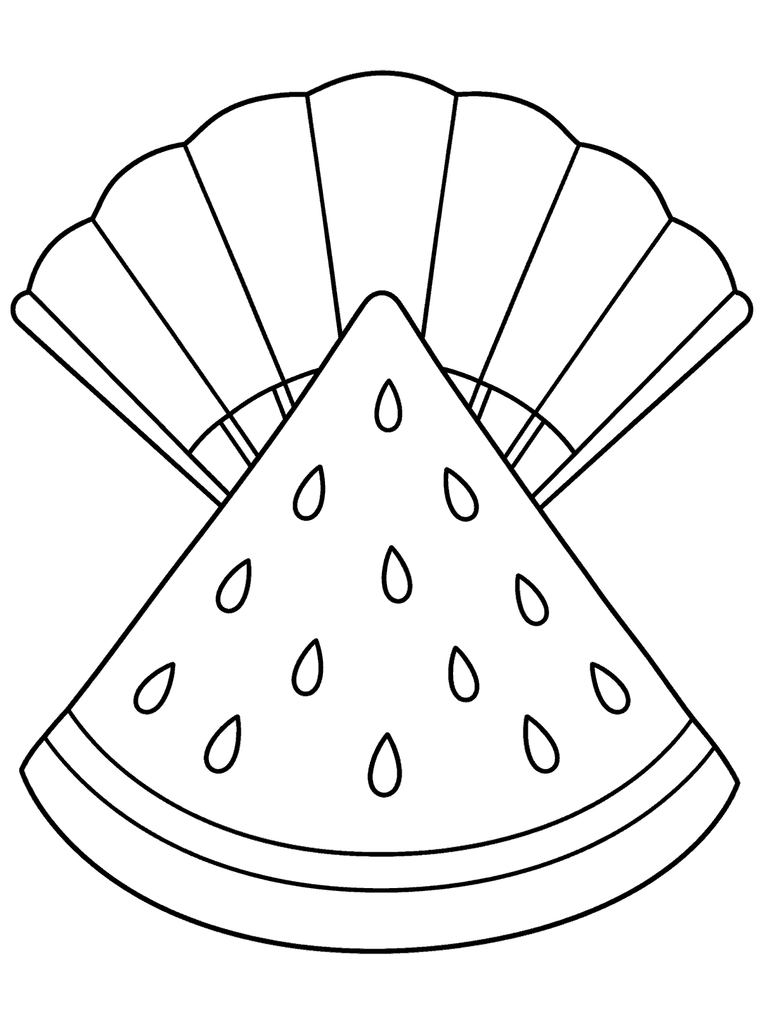Large seeded watermelon slice in front of an open folding paper fan, drawn as a coloring page.