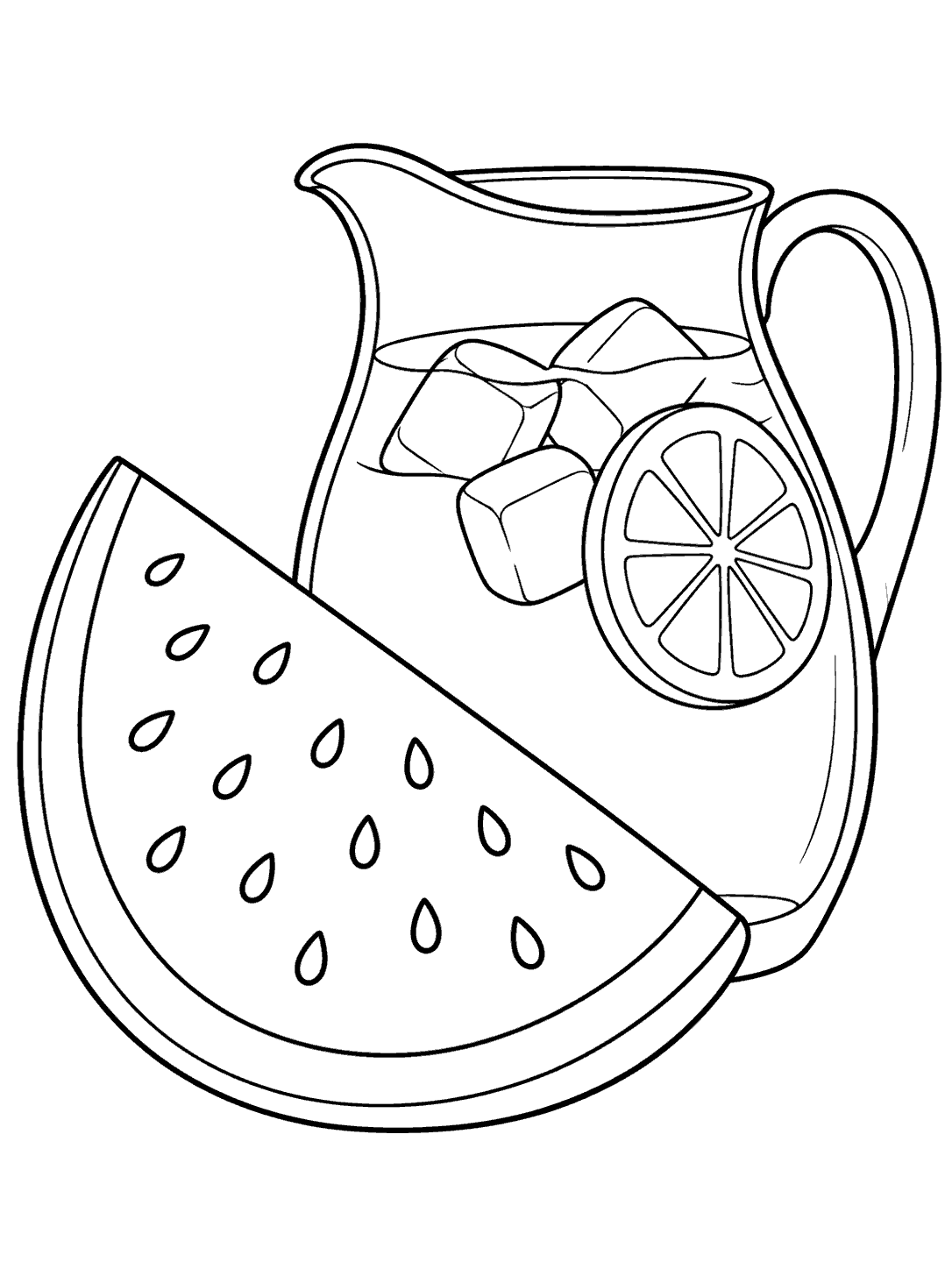 Large watermelon wedge beside an ice-filled lemonade pitcher with a lemon slice coloring page