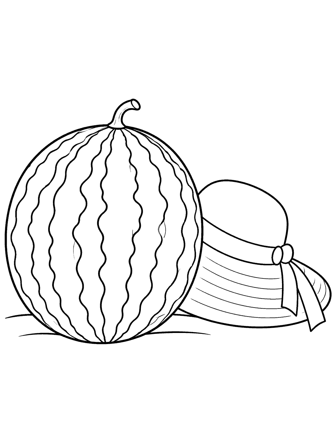 Large striped watermelon beside a broad-brimmed garden hat on a simple ground line, drawn as a coloring page.