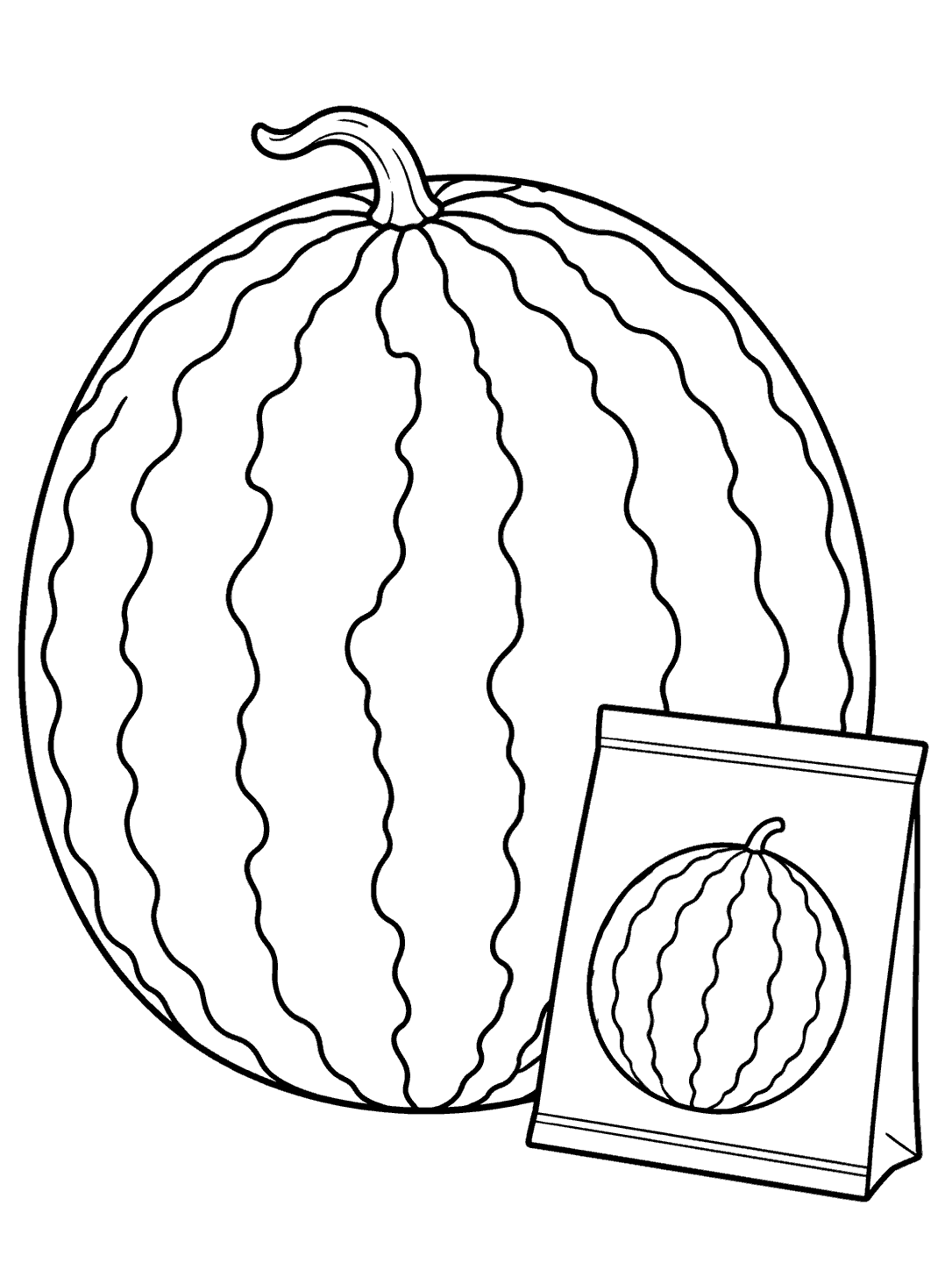 Black-and-white watermelon coloring page with a large watermelon beside a seed packet showing a simple watermelon outline
