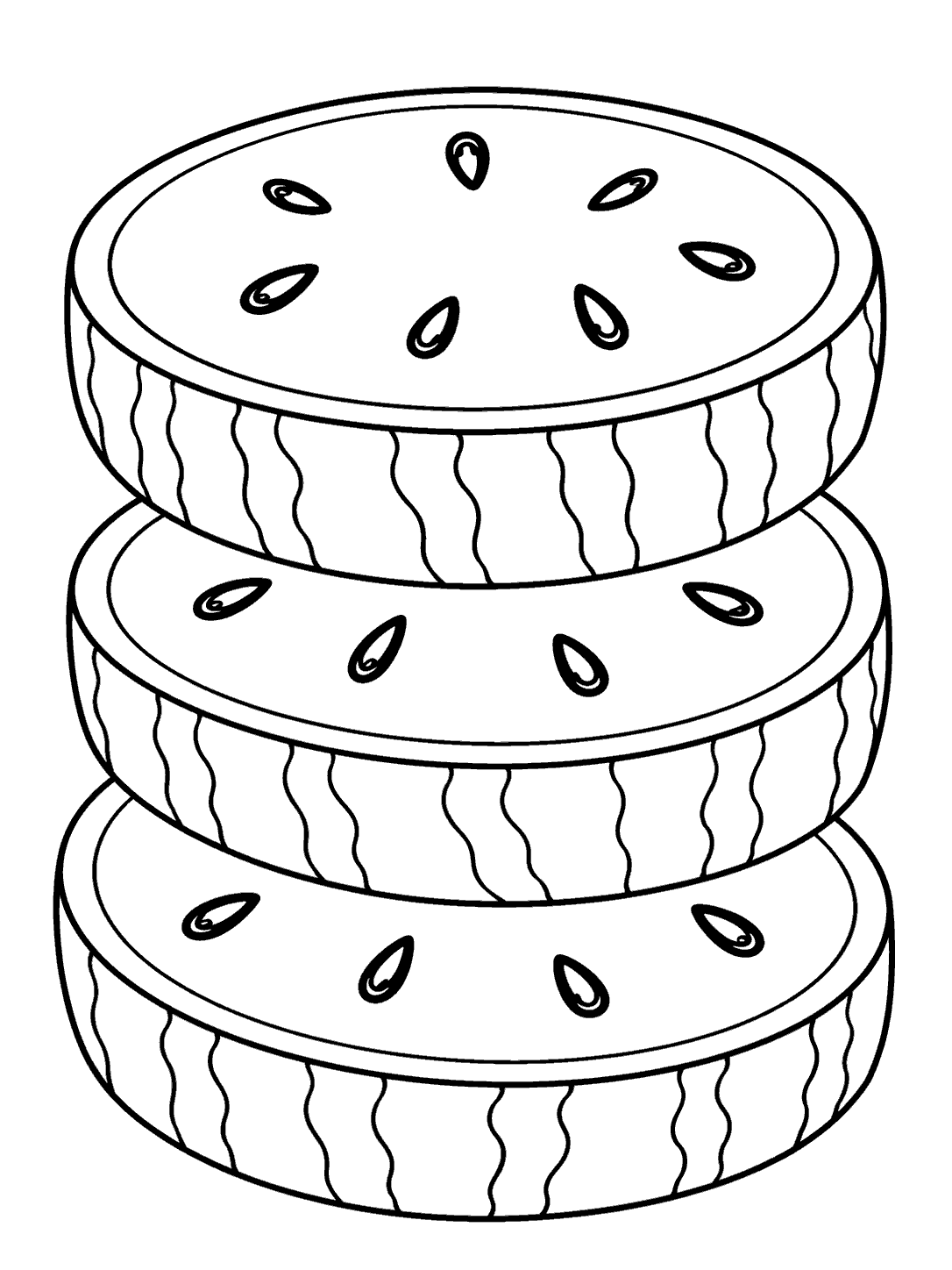 Coloring page showing three stacked round watermelon slices with outlined rinds and seeds.