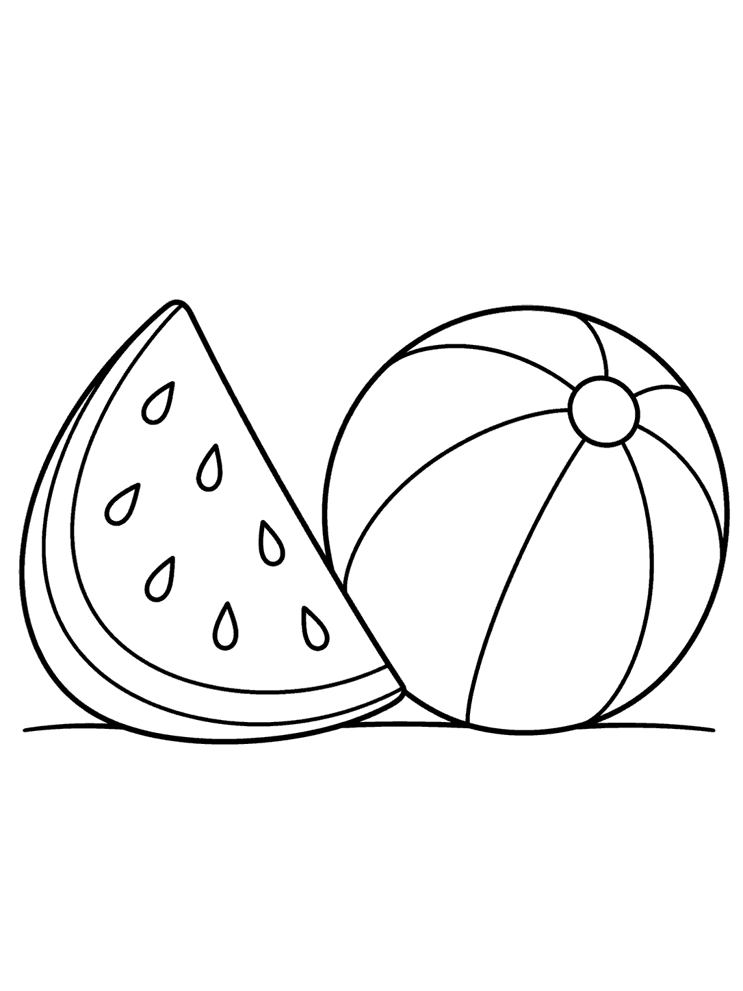 Black-and-white watermelon wedge and beach ball coloring page