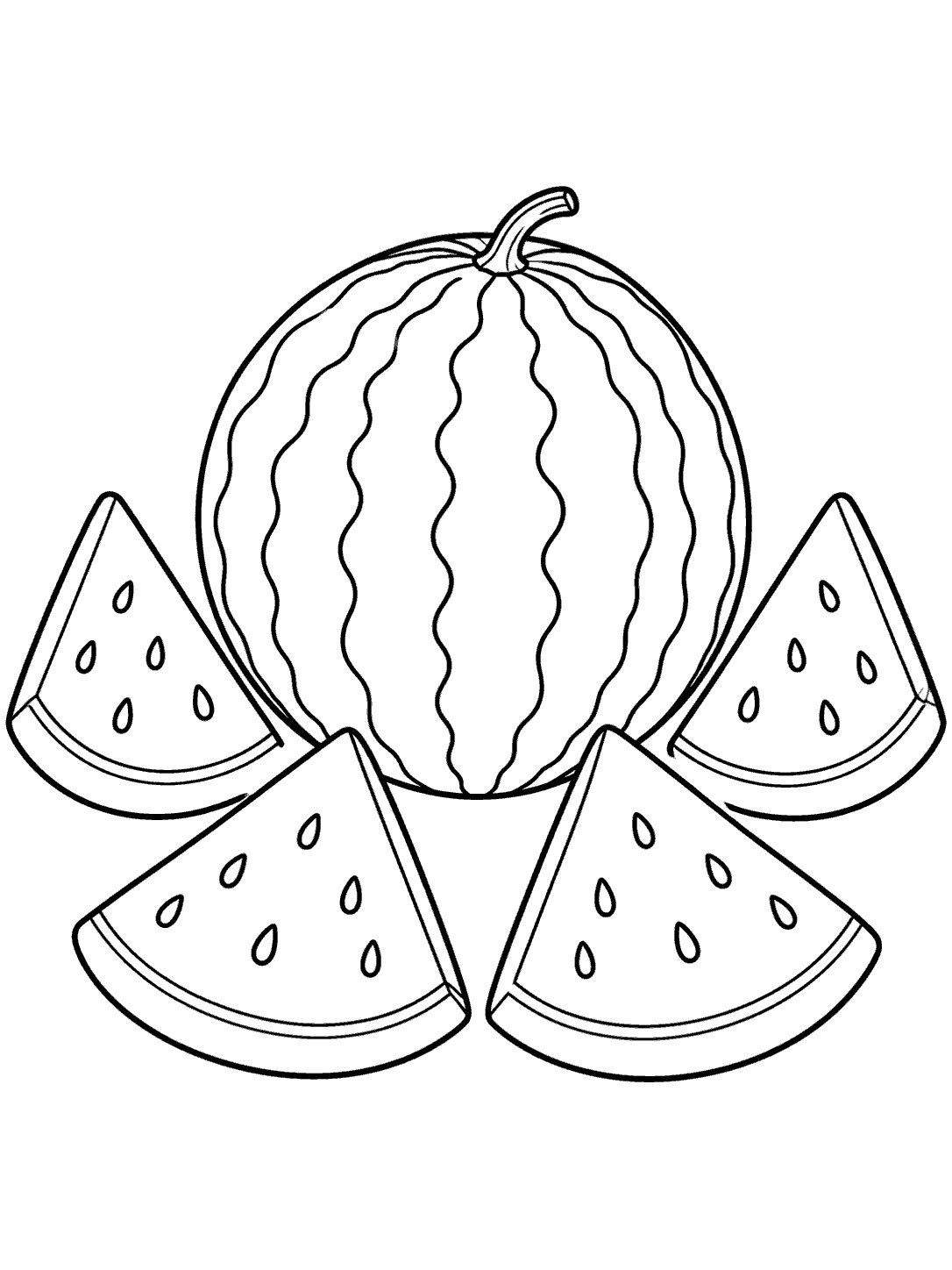 Black-and-white watermelon coloring page with four seeded wedges arranged around a whole melon